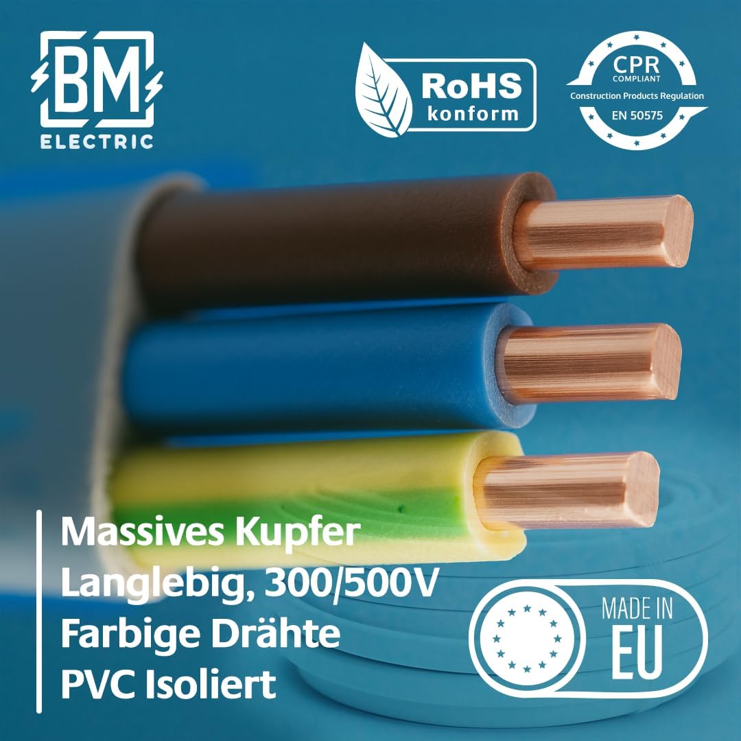 YDYp Câble d'installation plat NYM-J 3 × 2,5 mm², profilés 11 × 6 mm, conducteurs en cuivre 300/500 V, gris PVC Sheath, installation fixe pour pièces sèches, vapeur, pièces humides, cœurs