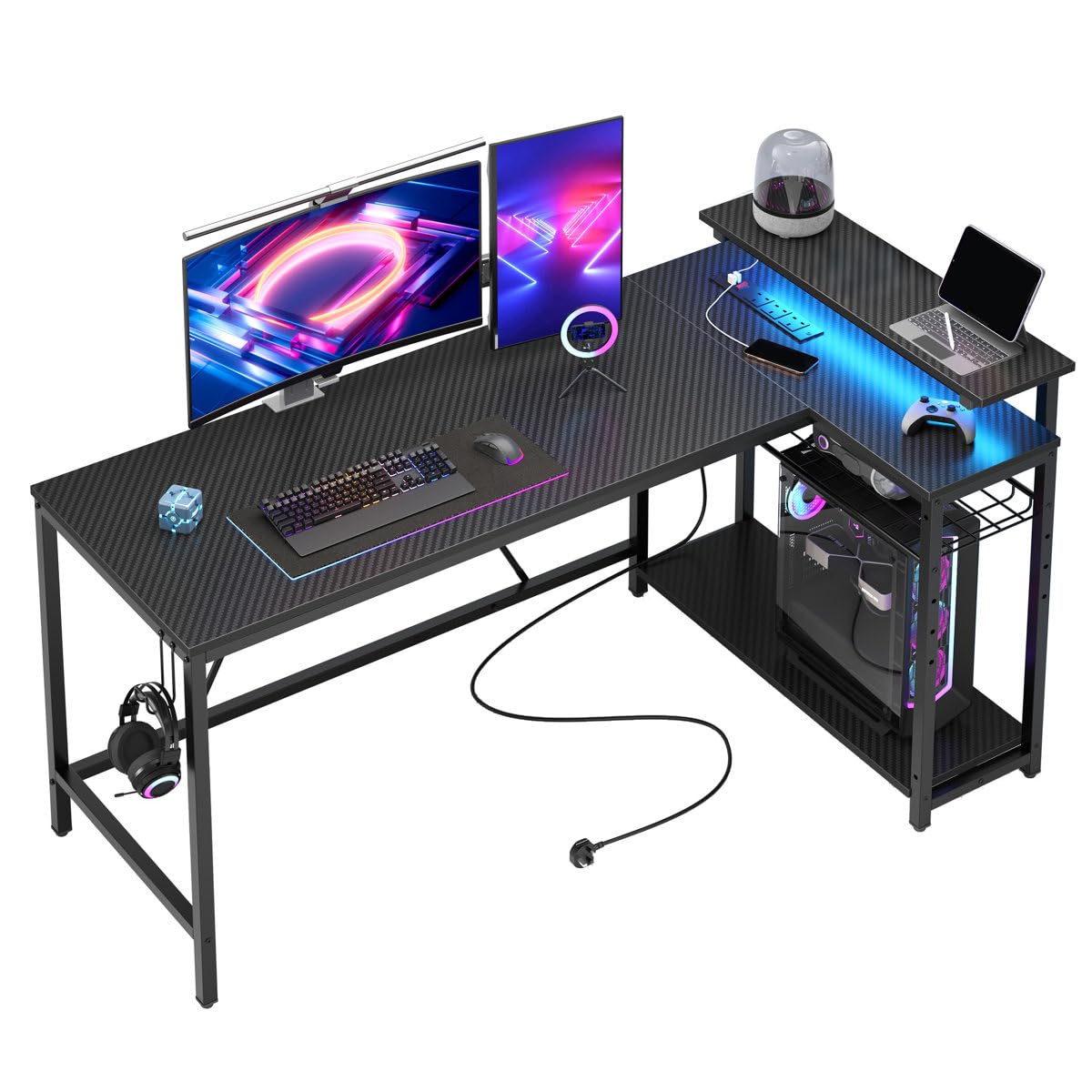 Bestier 147CM L-Shaped Gaming Desk with RGB Lights & Power Outlets, Reversible Corner PC Workstation with Storage & Hooks for Gamers or Home Office