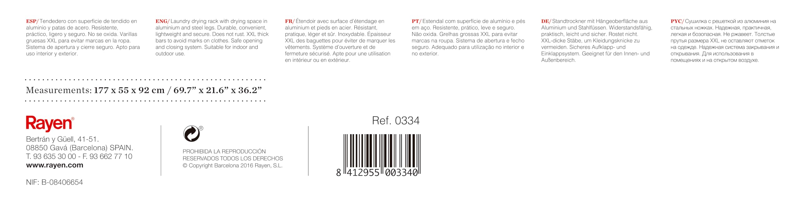 Rayen - Tendedero de Aluminio, con Superficie de 20 Metros, Sistema de Bloque de alas, Tendedero Plegable y Antideslizante, con Varillas XXL, para Interior y Exterior, Color Acero, 177 x 55 x 92 cm