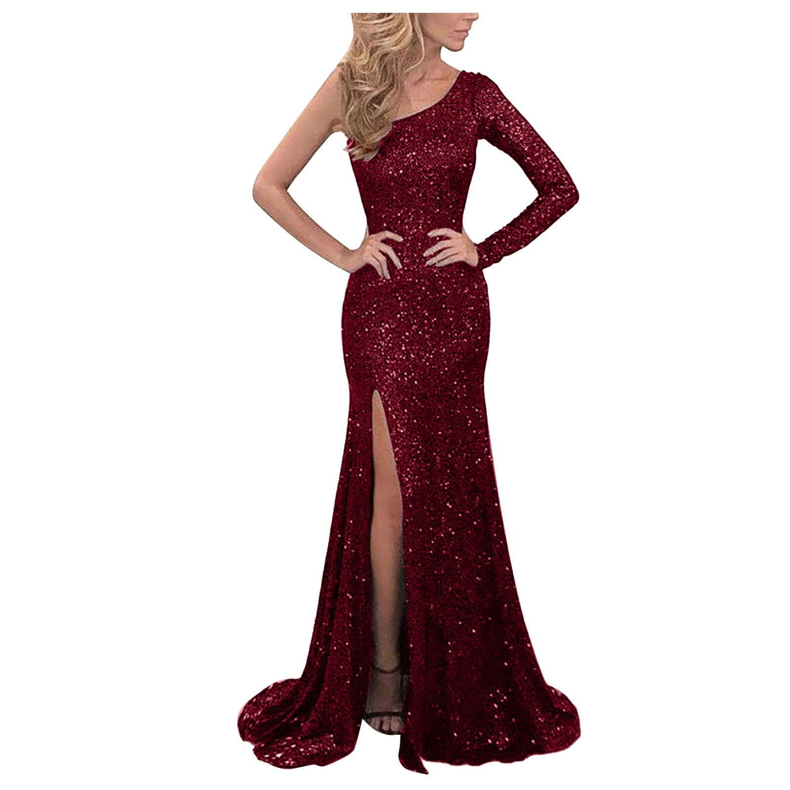 FUPODD Abendkleider Elegant Für Hochzeit Glitzer Maxikleid Damen Elegant Eng Pailletten Cocktailkleid One Shoulder Ballkleid Lang Mit Schlitz Abendkleid Frauen Curvy Kleid Party Kleider Bodenlang
