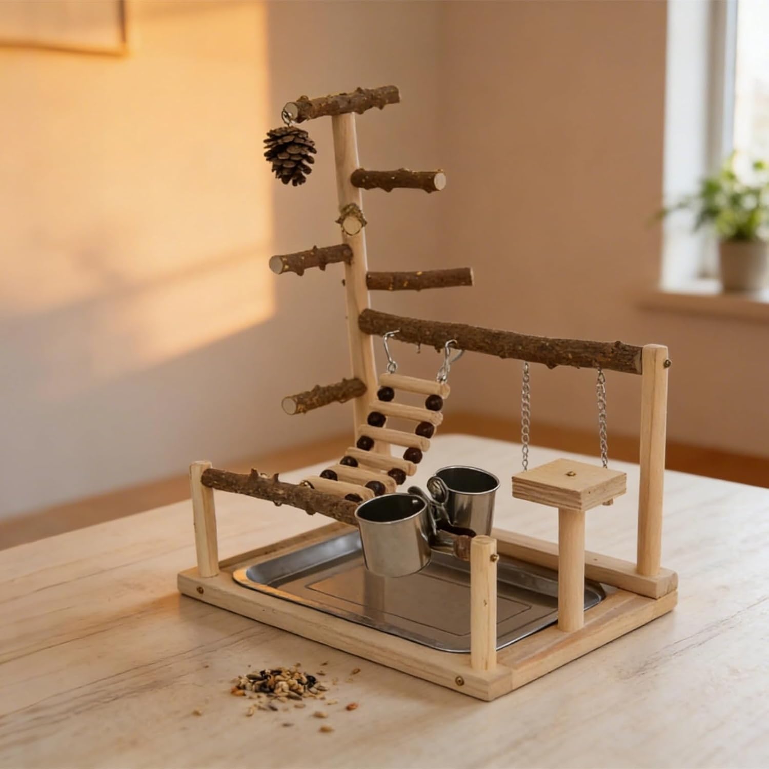 Parrot Playground Wood Bird Play Stand, Pepper Wood with Ladder Swing, Multi-Layer Platform Perch, Tray & Food Cup for Exercise