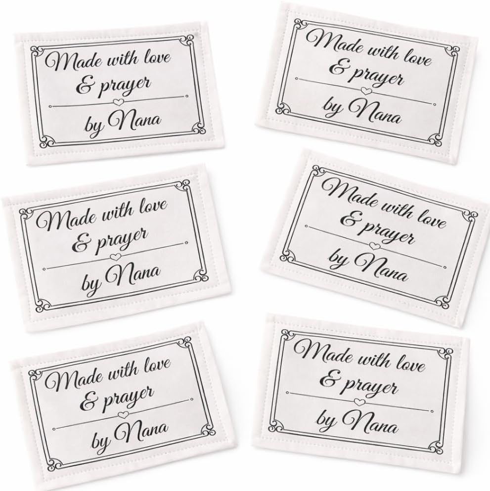Personalized Quilt Labels “Made with Love & Prayer” – Custom Name Fabric Labels, Cotton Quilt Tags, 6 Per Sheet, 2.75” x 1.75”