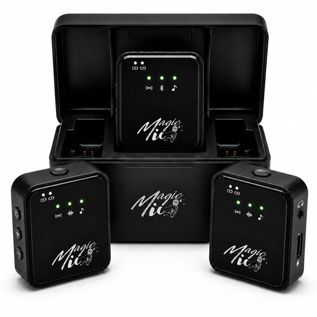MagicMic™ 2in1 Mikrofon (3. Generation) Content Creation, Lavalier-Funkmikrofon mit Geräusch­unterdrückung für PC, iPhone, Interviews, YouTube, Vlogs (2 Sender + 1 Empfänger + Ladebox + Adapter)