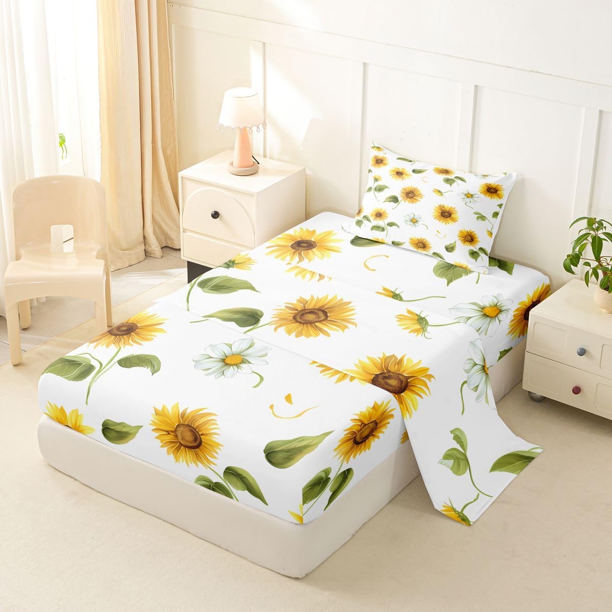 Feelyou Sunflowers Bed Sheet Set Floral Print Bed Sheets Yellow Flowers Pattern Sheets Flower Painting Sheet Set for Boys Girls Children Teens Microfiber Queen