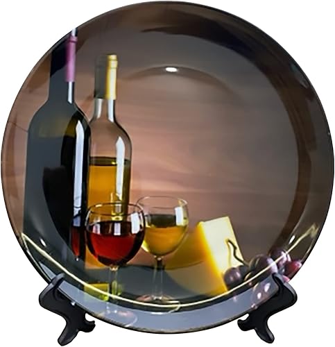 Platos decorativos de cerámica de 10 pulgadas, botella de vino, estampado de uva, plato decorativo con soporte de exhibición para cocina, comedor,