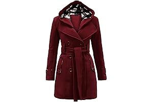 Women's Classic Mid-Length Double Breasted Plaid Pea Coat with Hood