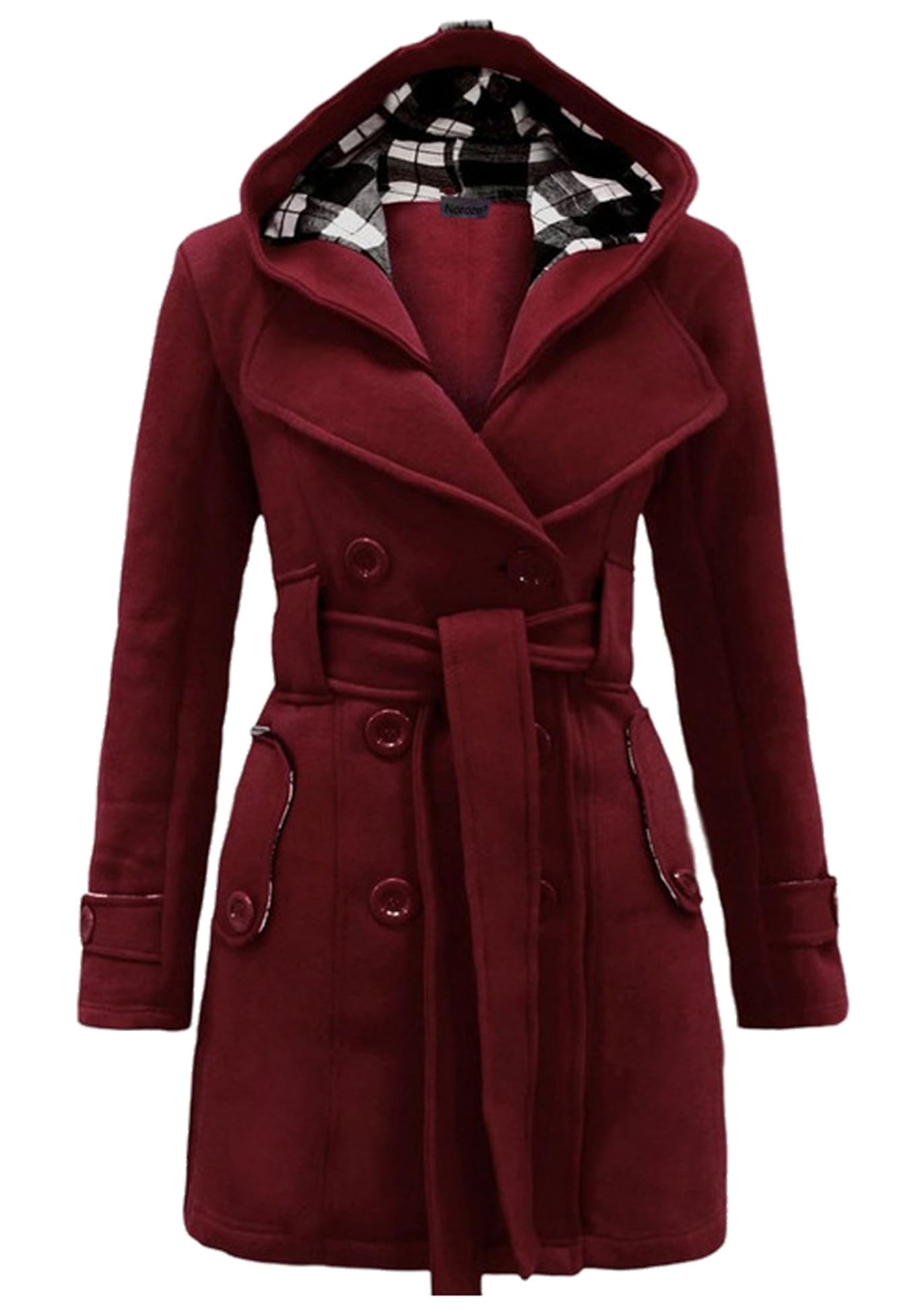 GRASWE Womens Plaid Coat Double Breasted Pea Coat Wool Blend Hooded Mid Length Pea Coats with Belt