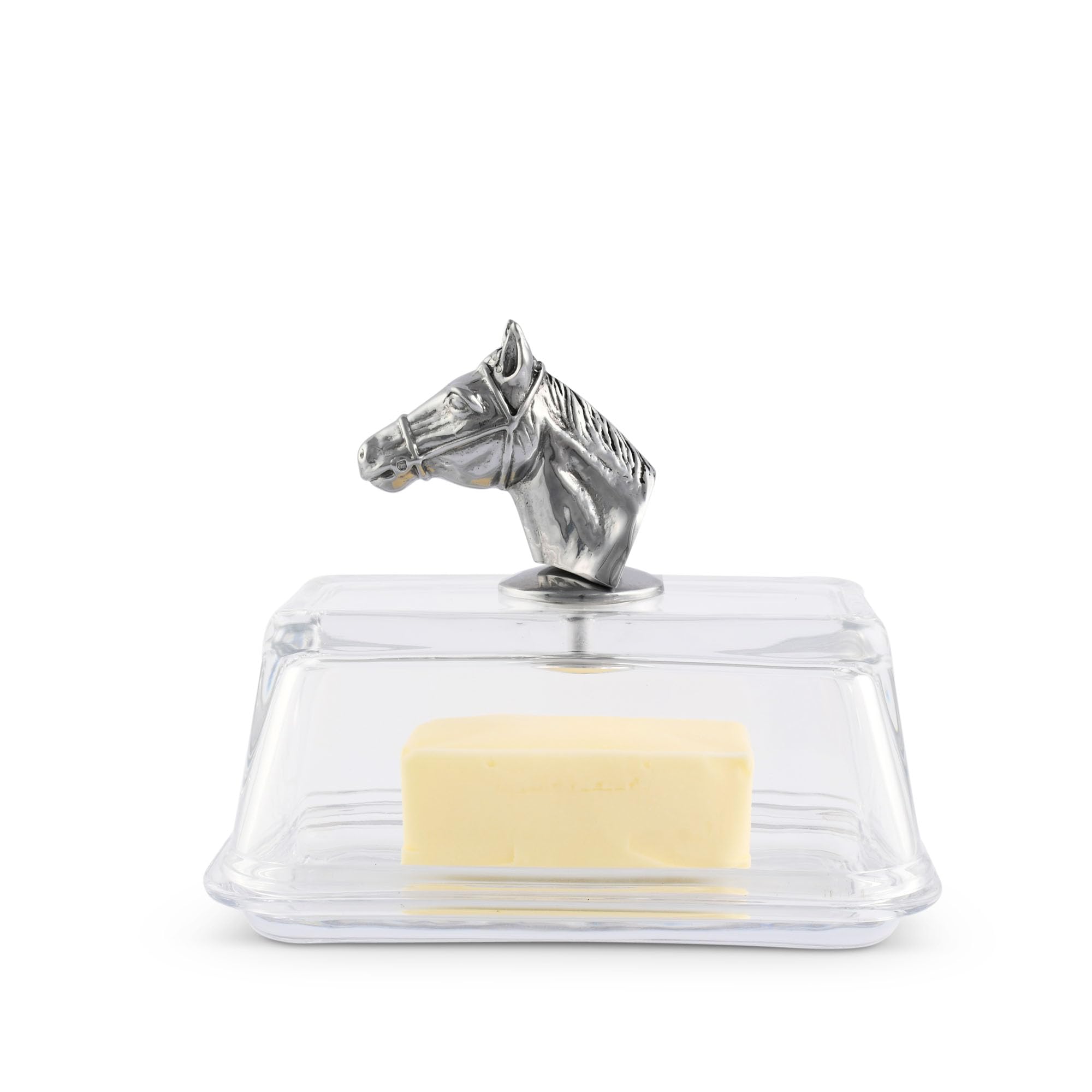 Arthur Court Butterdose aus Glas mit Deckel Pferdekopfknopf | klassisches 2-teiliges Design mit Deckel | Deckt und hält einen Standard-Butterstab | Pferdesport-Dekor