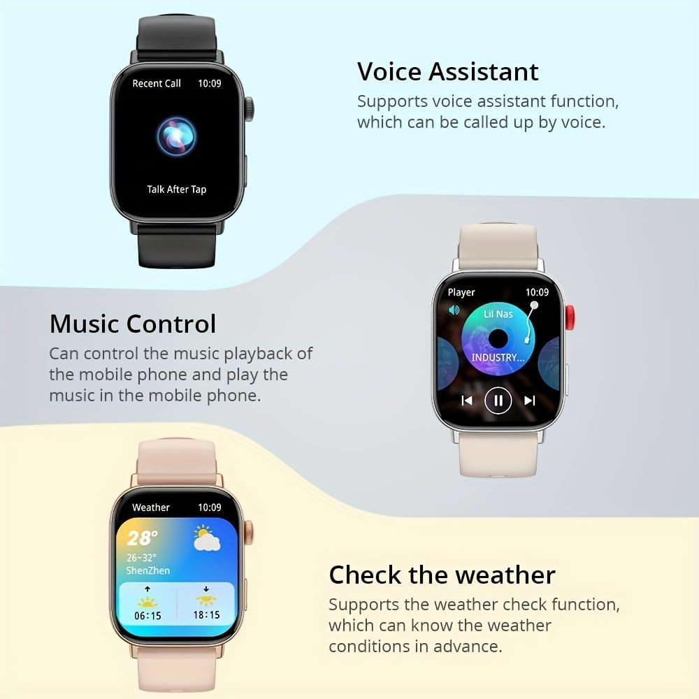 COLMI C8 Max showing Voice Assistant, Music Control, and Weather functions