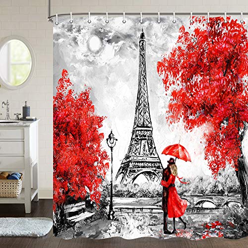 Jawo Valentines Shower Curtain, Pink Red Hearts Shower Curtain, European City France Eiffel Tower Shower Curtain Romantic Sweetheart Happy Valentine's Day Shower Curtain Set With Hooks, 70X70 Inches #TOP3