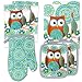 Kitchen Towel Linen Set of 7 Pieces Owl Design Turquoise Blue & Green Modern | 2 Kitchen Towels 2 Potholders, 1 Oven Mitt and 2 Dishcloth (Turquoise)