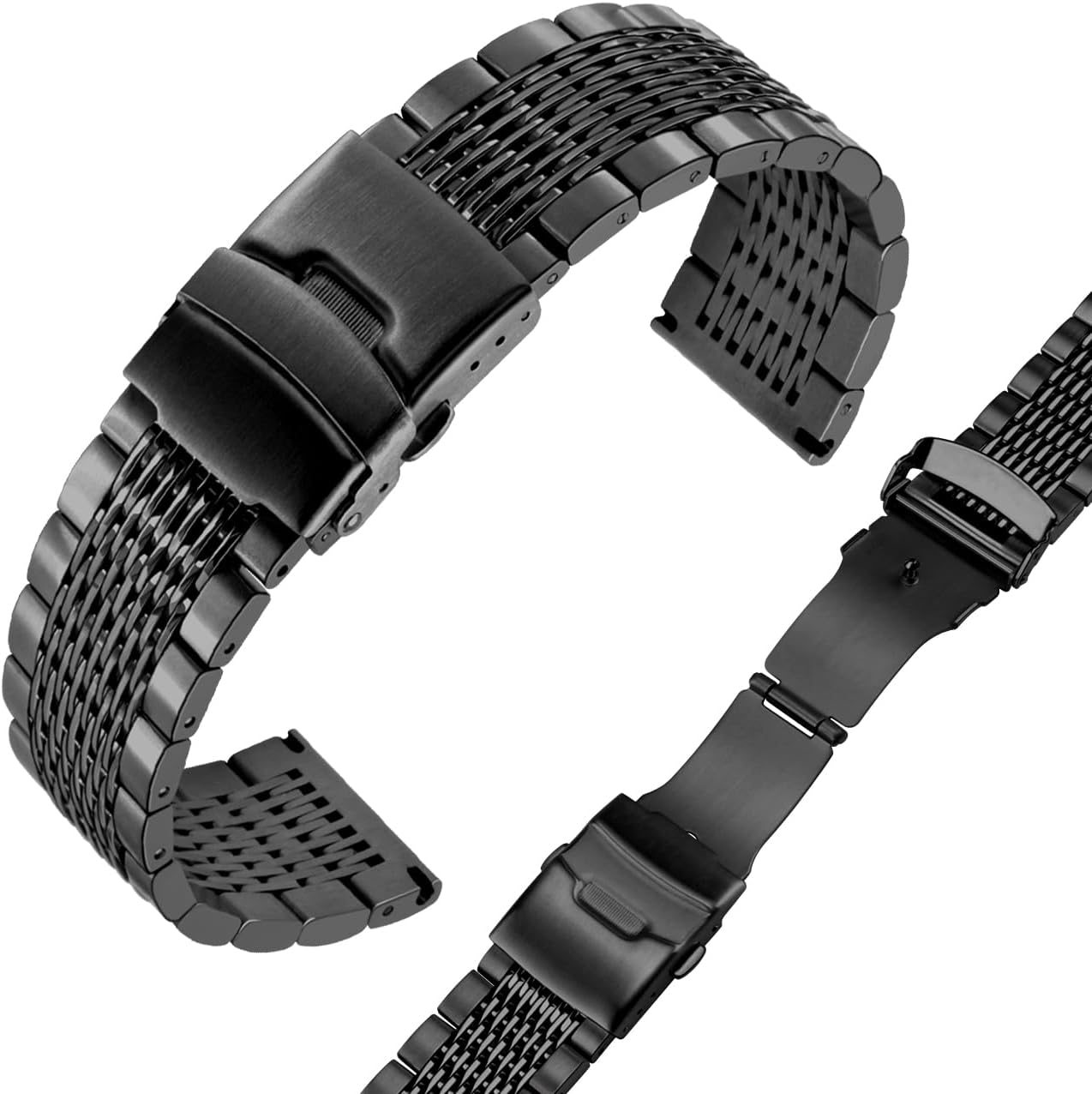Juntan Stainless Steel Watch Band, 18mm 20mm 22mm 24mm Metal Watch Bands Straps for Men Women, Adjustable Business Watch Bracelet Silver Black with Solid Double Deployment Clasp