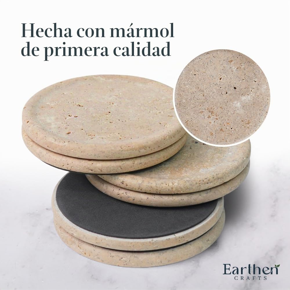 Posavasos de mármol travertino con Tapa de Soporte para Bebidas, Juego de 6 Posavasos de Piedra de 3.5 Pulgadas, Ideal para decoración de Patio, Sala de Estar y Cocina | Posavasos redondos de piedra de 3.5 pulgadas para mesa de café, sala de estar, cocina