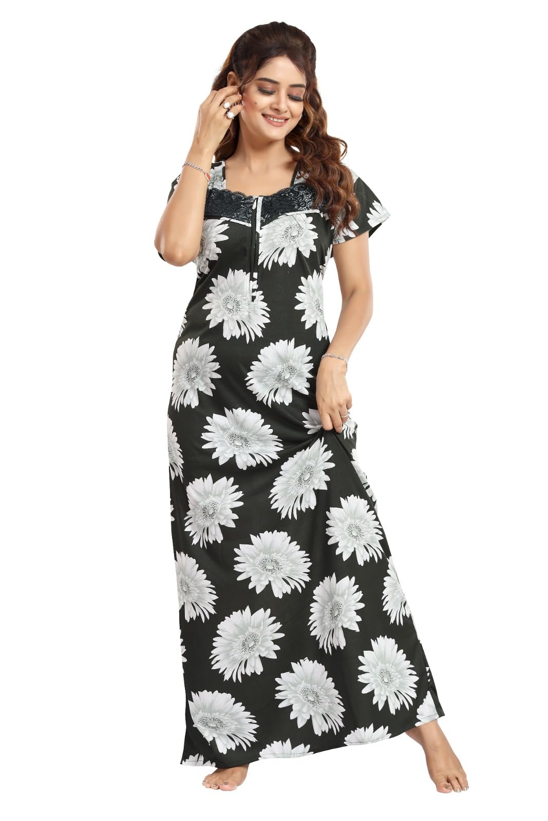 Women's Polka Dot Satin Floral Lace line Zipped Maxi Nighty | Beautiful Fancy Comfortable-picture-38