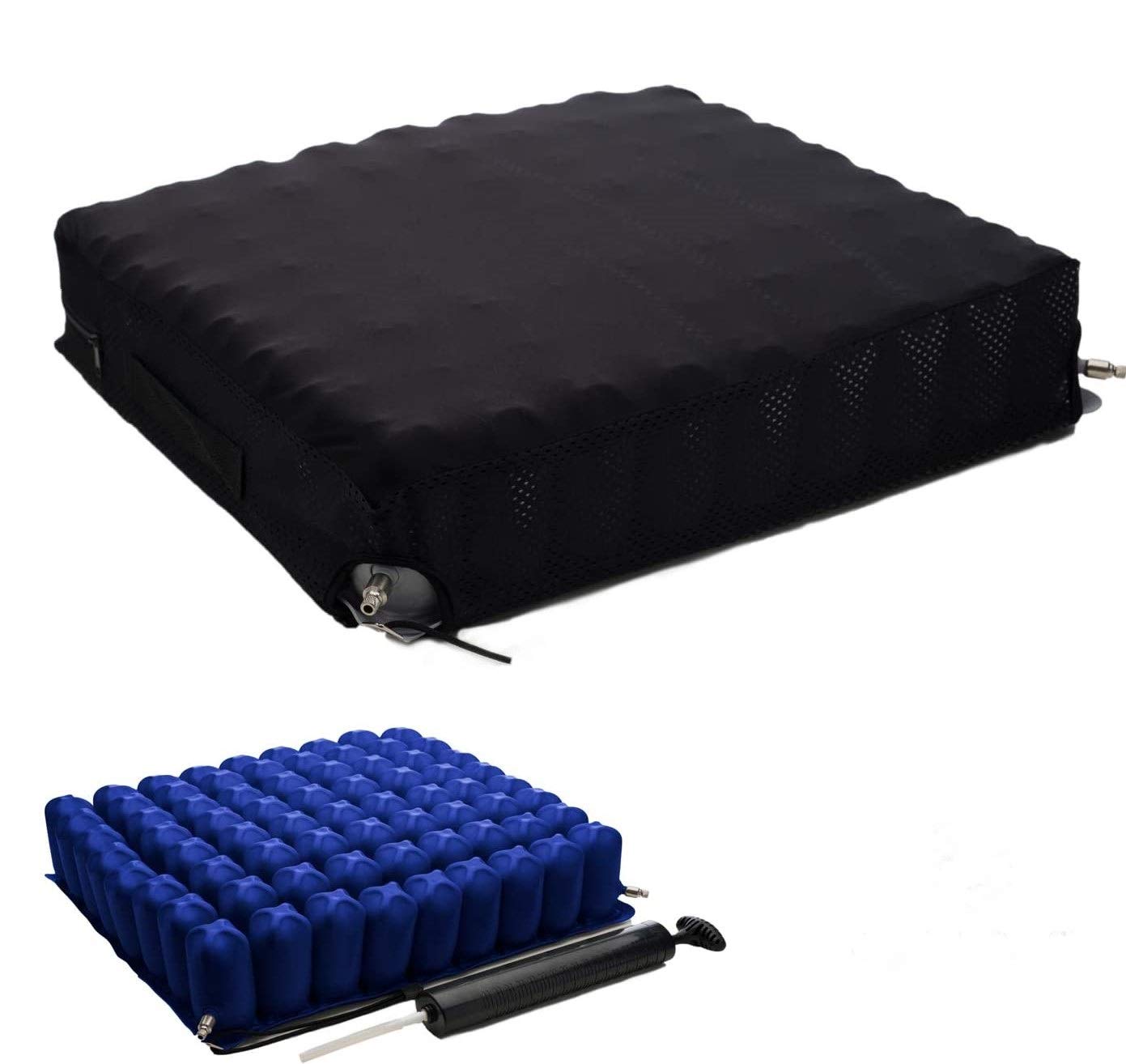 Inflatable Wheelchair Seat Air Cushion - 20" x 16" - High Profile - Pressure Sore and Ulcer Treatment - Dual Valve for Pressure Redistribution - Includes Pump, Nylon Cover, and Repair Kit