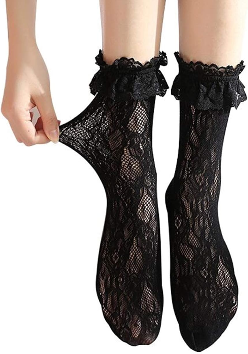 CWIDGLLE Pack 2,Middle Tube Lace Socks Thin Socks Black