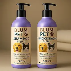 Kit Shampoo e Condicionador 5 em 1 Blumi Pet para Cães e Gatos | Limpa, Hidrata, Nutre, Desembaraça e Dá Brilho | 100% Vegano com Fragrância Encantadora – 500 mL