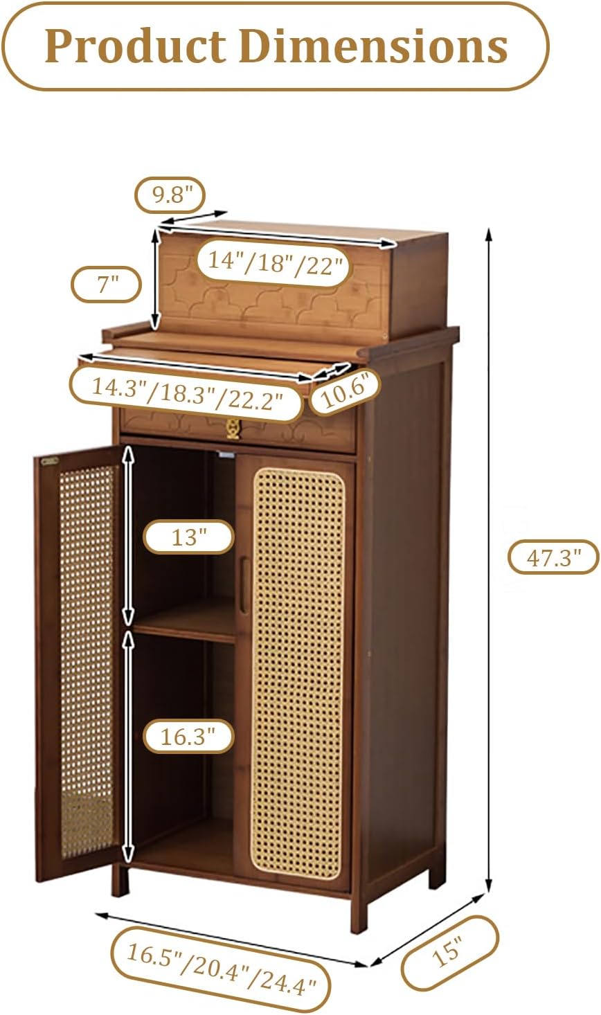 Walnut Bamboo Shrine Altar Table with Drawer & Storage, Chinese Offering Pedestal Table, 42cm Personal Shrine Cabinet with Plastic Rattan Door for Home Decor