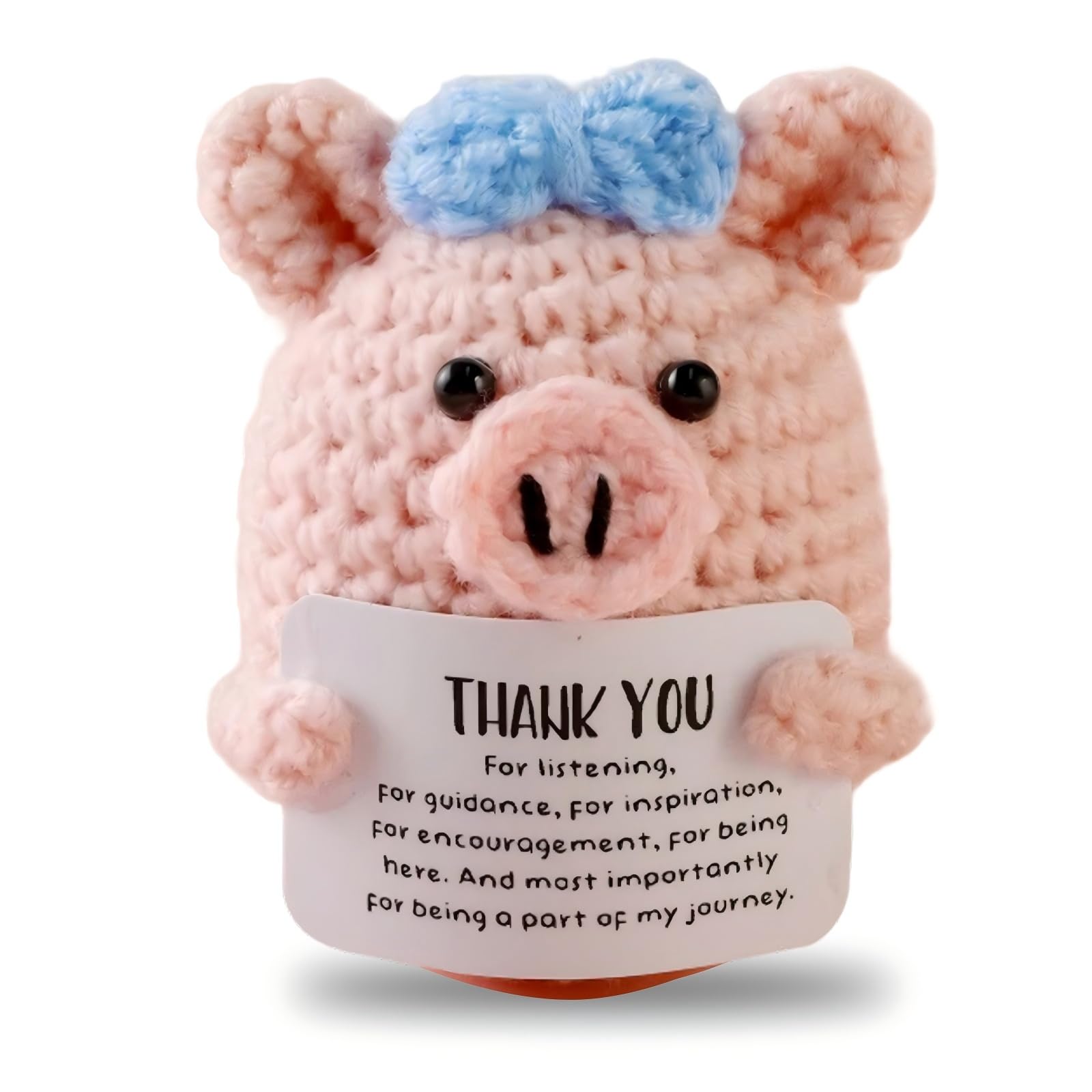 LUMIREX Pink Pig Theme Positive Crochet Animals, Emotional Support Crochet with Blue Bow and Card, Emotional Support Gift for Kids, Teenagers, Friends, Classmates, Colleagues, Valentines