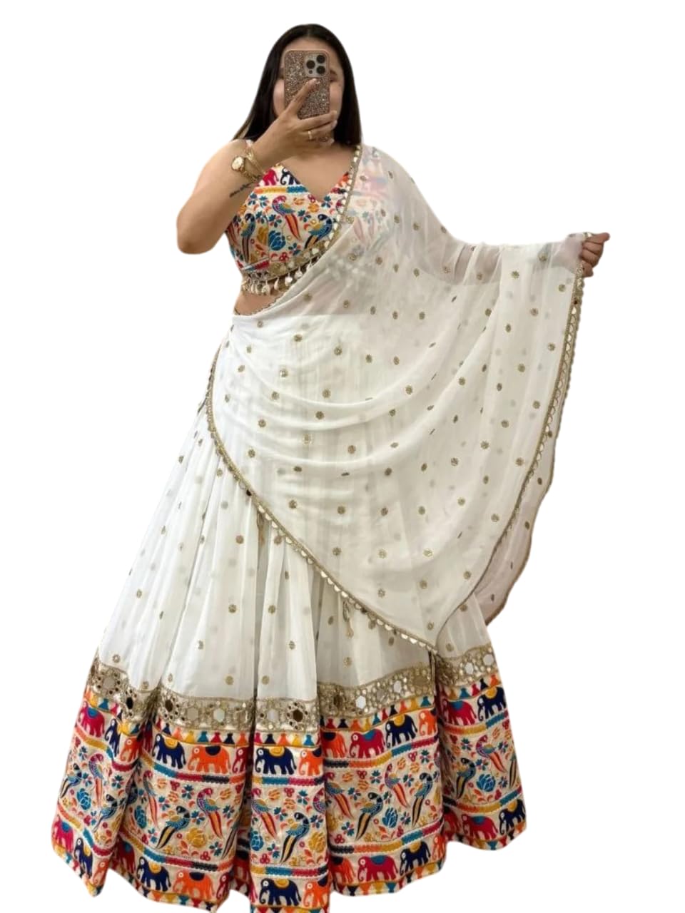 Women's white georgette lehenga choli heavy gamathi work for navratri-image-41