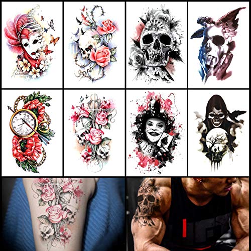 Oottati 8 Sheets Halloween Temporary Tattoo Arm Fake Stickers - Grim Reaper Joker Card Skull Rose Clock Mask