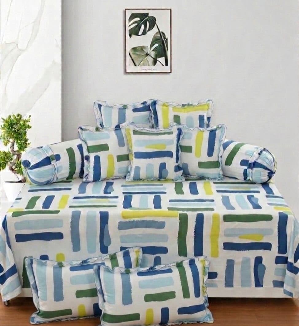 Abstract Brushstroke Print Diwan Set, Blue, Green and Yellow, 8 Piece Set with Cushion Covers and Bolsters-image-43