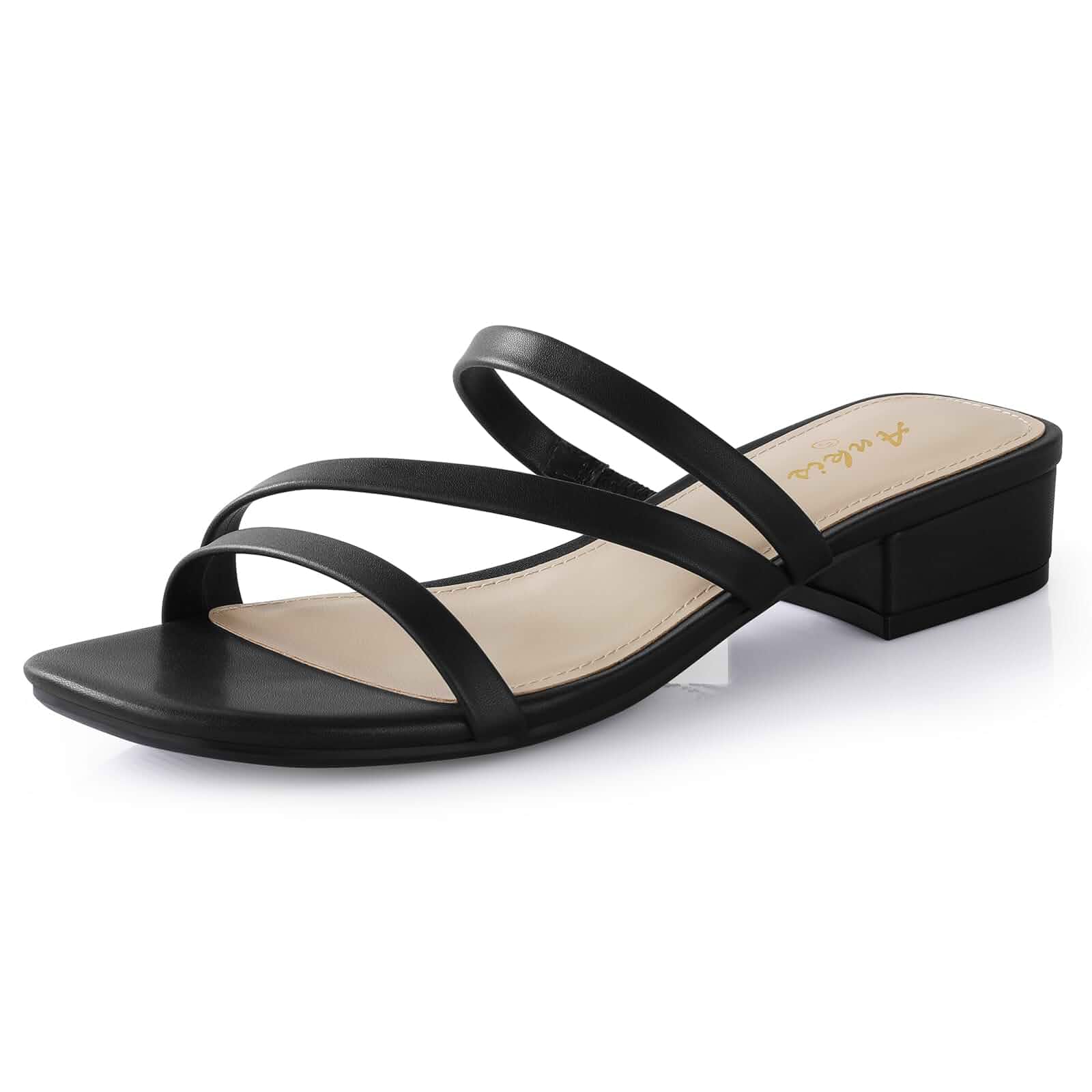 Ankis Black Nude White Strappy Heels Women 1 Inch Low Chunky Block Heel Heeled Sandals Square Open Toe Slip On Slides Mules