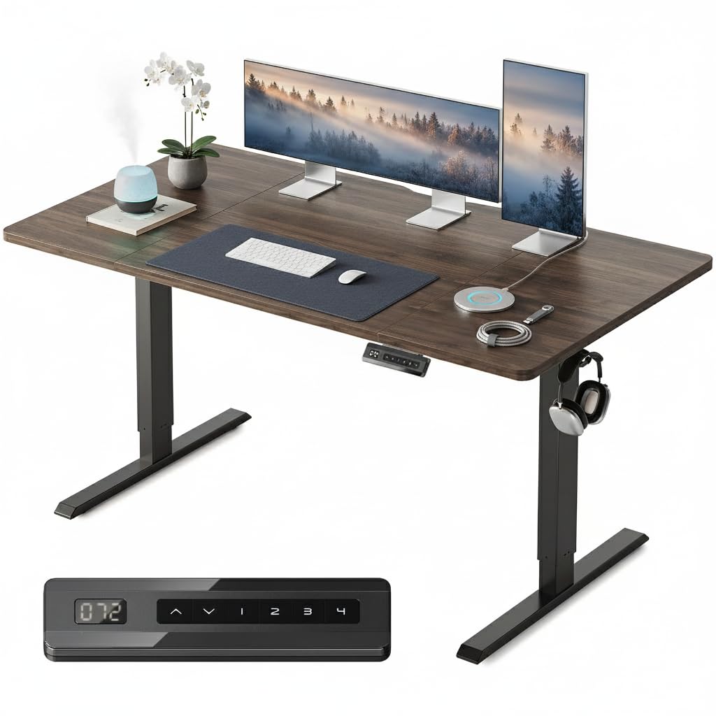 FEZIBO Electric Standing Desk 160 x 80 cm, Height Adjustable Computer Desk with Memory Presets, Sit Stand Home Office Desk, Black Frame with Dark Walnut Top — image 1