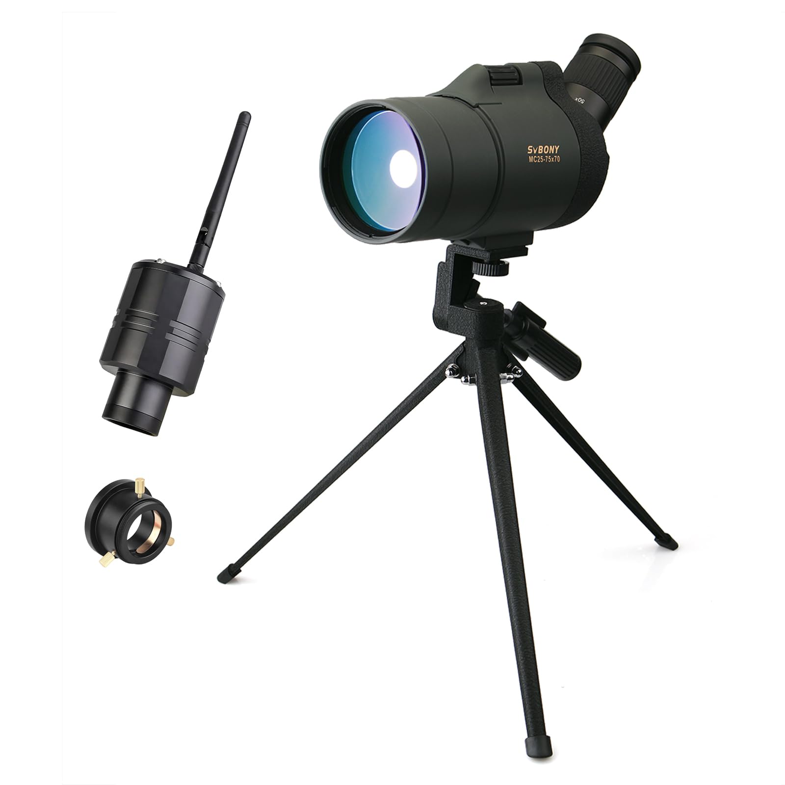 Svbony SV41 Mak Spotting Scopes z kamerą WiFi, BAK4 FMC 25-75 x 70 mm optyczny Maksutov Spotter Scope, kompaktowy Digiscoping ze statywem biurkowym SA404 Adapter do obserwacji ptaków cel