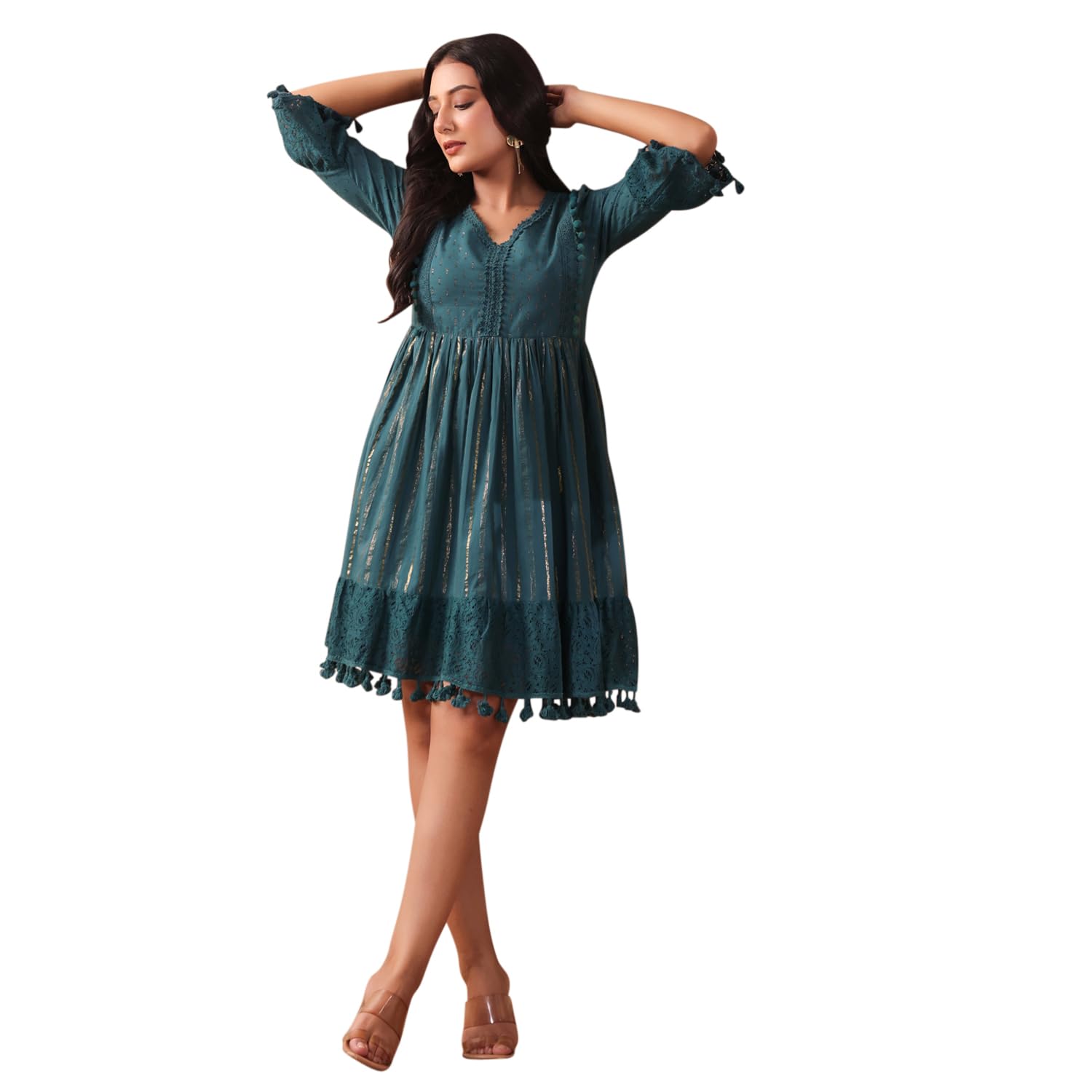 Ishin Women's Pure Cotton Embellished Teal Fit And Flare Indo Western Dress