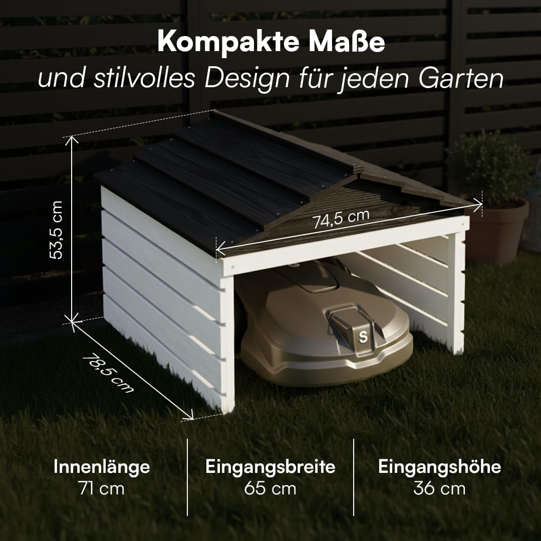 STEELSØN Nembus Mähroboter Garage Weiß – Rasenroboter Garage Holz – Rasenmäher Haus mit abnehmbarem Dach – für gängige Rasenmähroboter – Rasenmäher Unterstand mit UV-Schutz – Überdachung Mähroboter