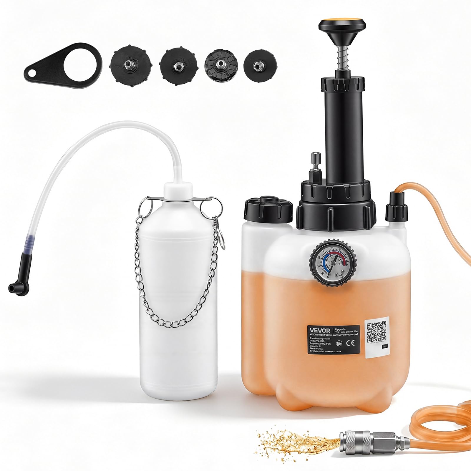 VEVOR Kit di Spurgo Freni Manuale, Spurgo di Liquido del Freno a Pressione Capienza 3 Litri, Attrezzatura per Ricambio Liquido Bottiglia di Recupero 4 Adattatori per Pompa, Veicoli Moto Auto