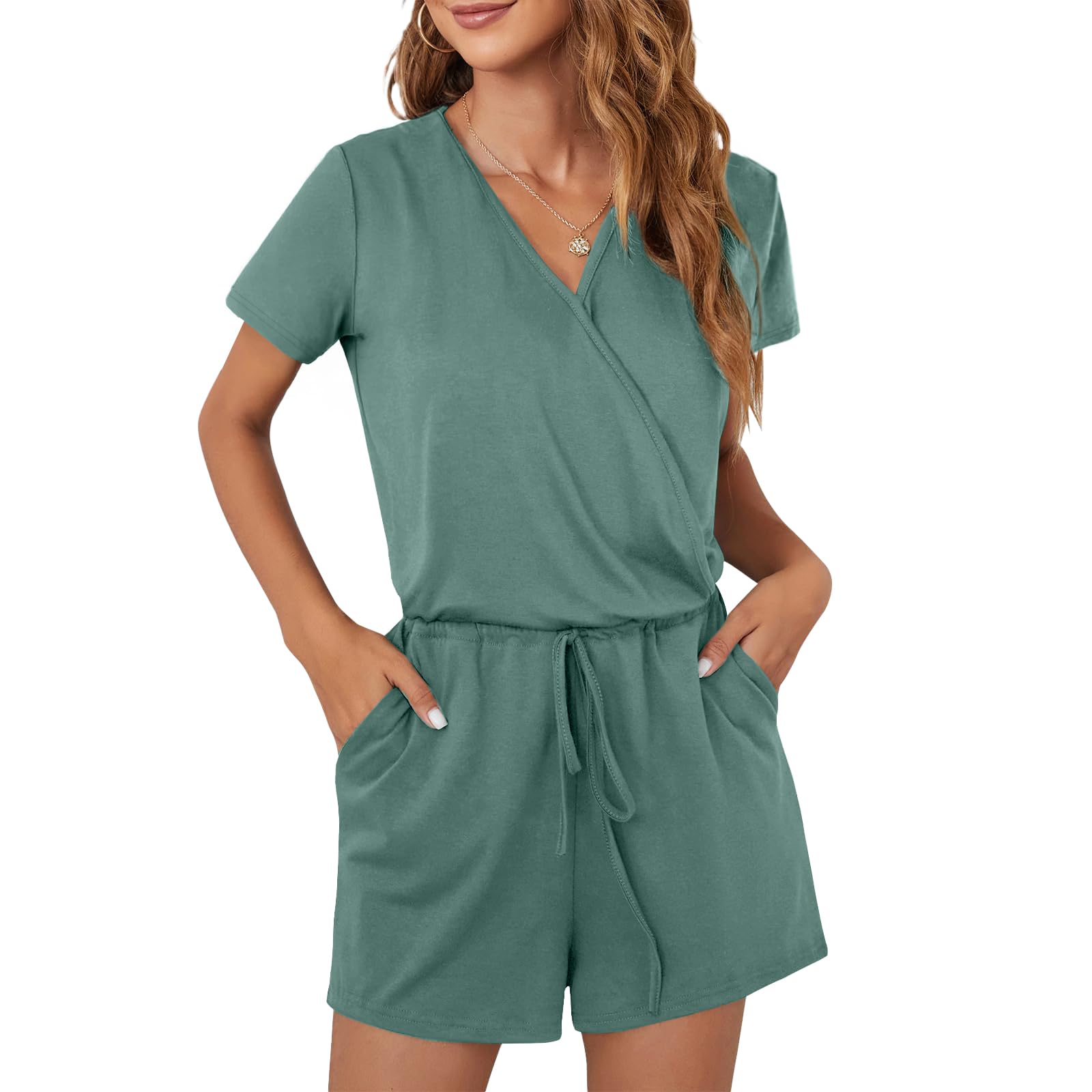 Mono de verano para mujer, elegante, informal, de manga corta, cintura elástica ajustable, color liso, con bolsillos