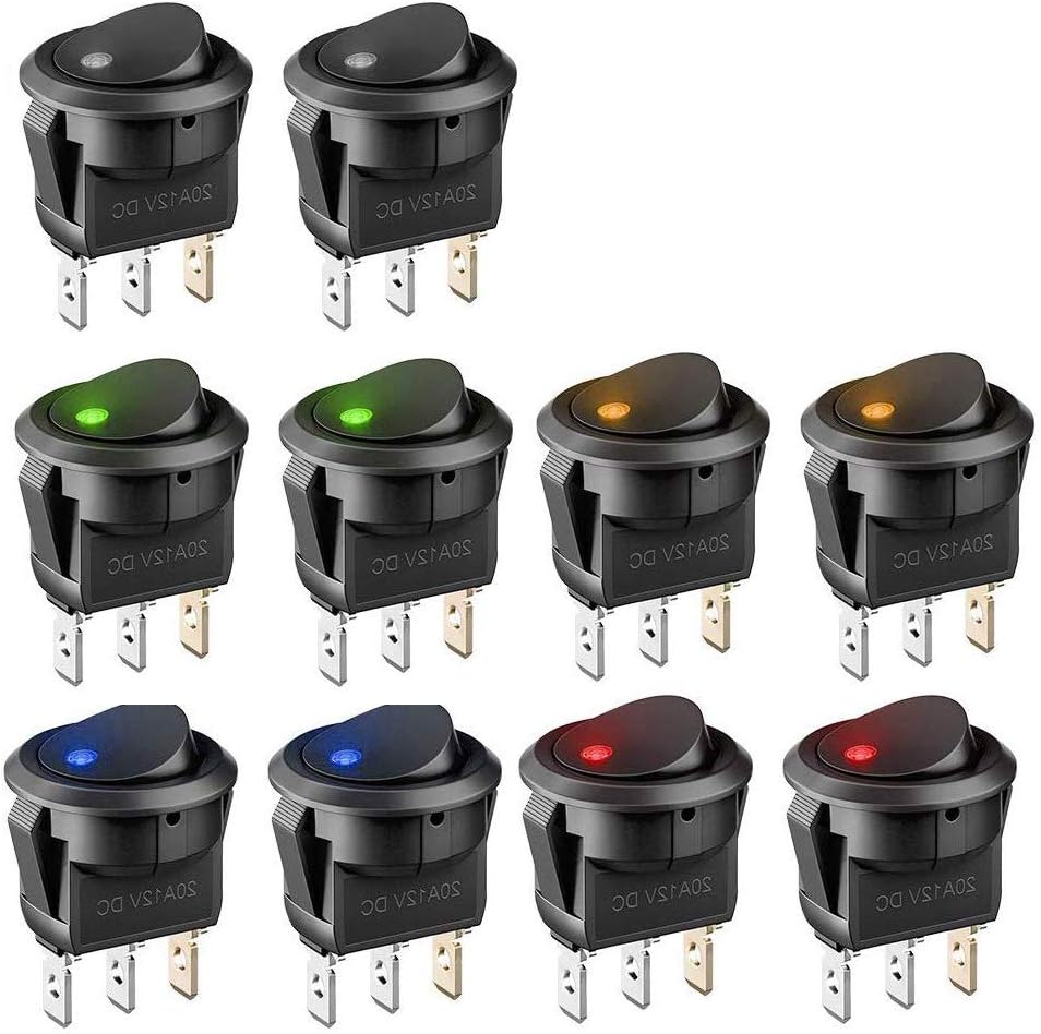 XCOZU 12V 20A Auto Rocker Switch, 5 Color LED Illuminated Round On/Off Toggle for Car Light Automotive DC