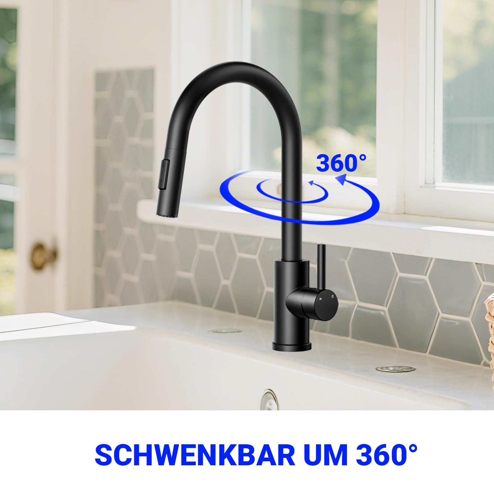 Aica Grifo de cocina, grifo de cocina, negro, extensible, giratorio 360°, grifo mezclador de alta presión con manguera flexible de 27 pulgadas, grifo monomando para fregadero de cocina