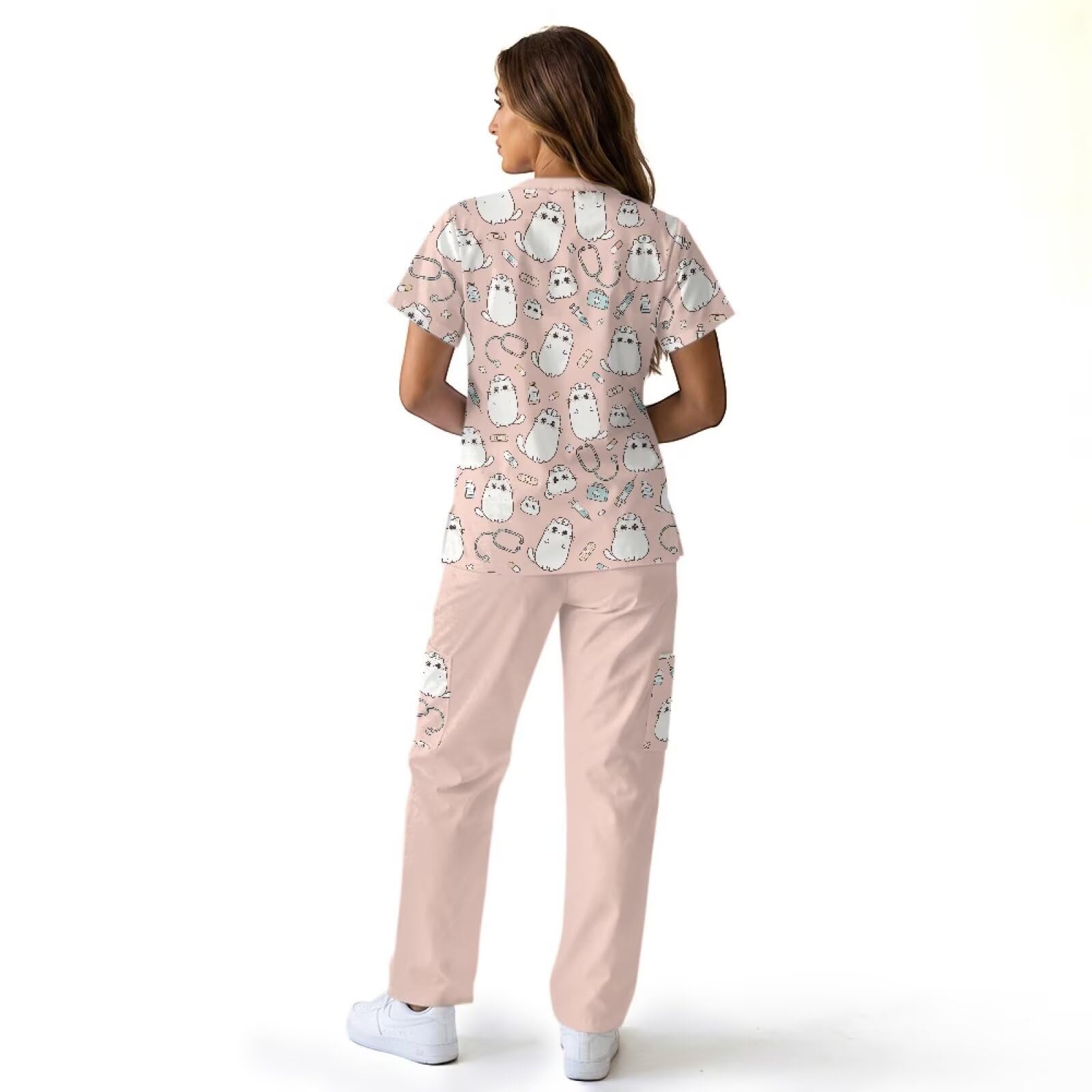 Set di scrub da donna a forma di gatto, con top e pantaloni piccoli con coulisse, per veterinari e veterinari