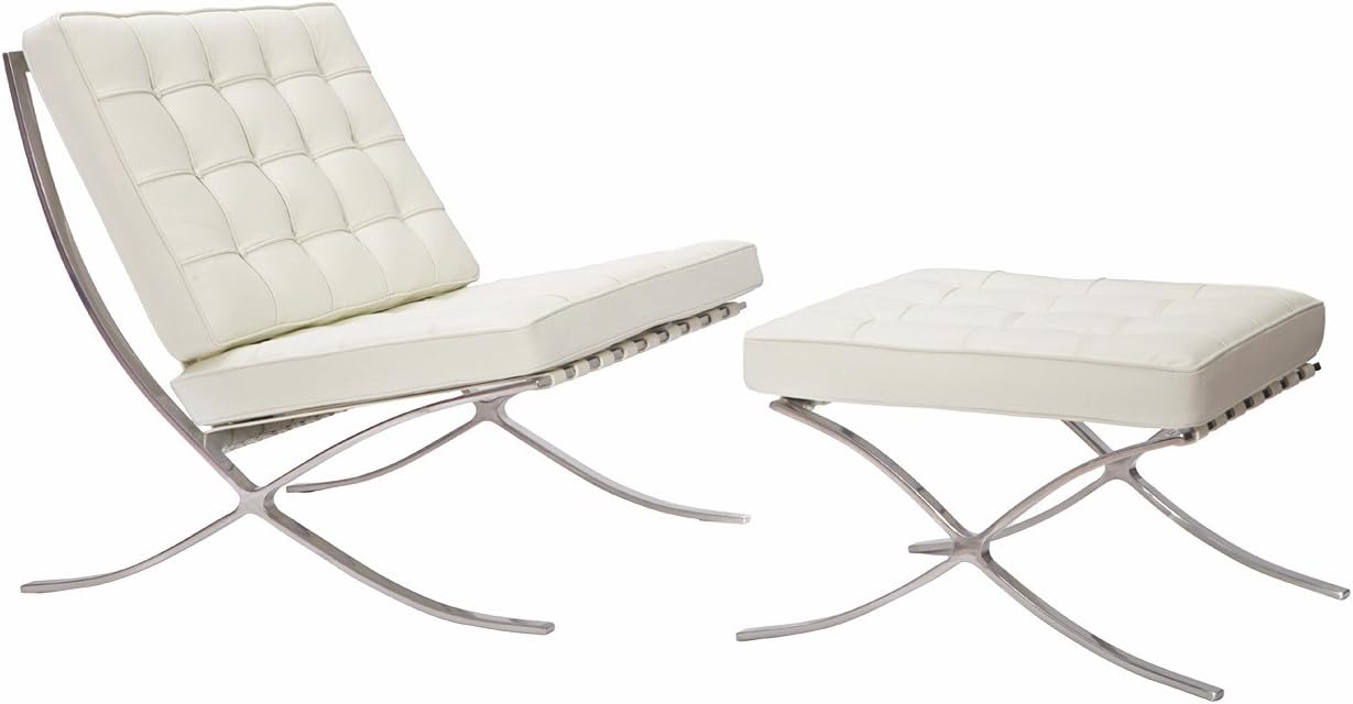 MCM Barcelona Style Modern Pavilion Chair with Ottoman (Cream White) Italian Leather with Stainless Steel Frame - HS004WIL-4
