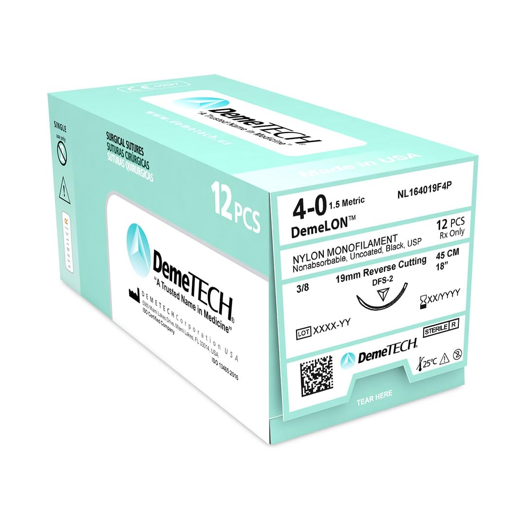 DemeLON Non-Absorbable Nylon Monofilament Suture, DFS-2, 19mm, 3/8 Circle, Reverse Cutting Needle, USP Size 4-0, 18 inches, (45cm), Black