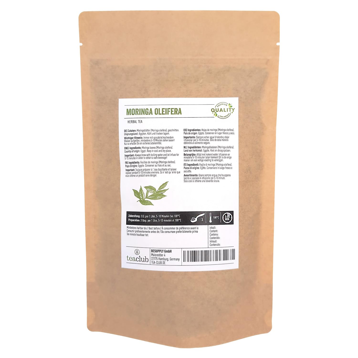 TeaClub Té de Moringa a Granel 500g – Hojas de Moringa Oleifera | Infusión sin cafeína de hojas de moringa oleifera, frescor vegetal, sin lactosa, bolsa doypack