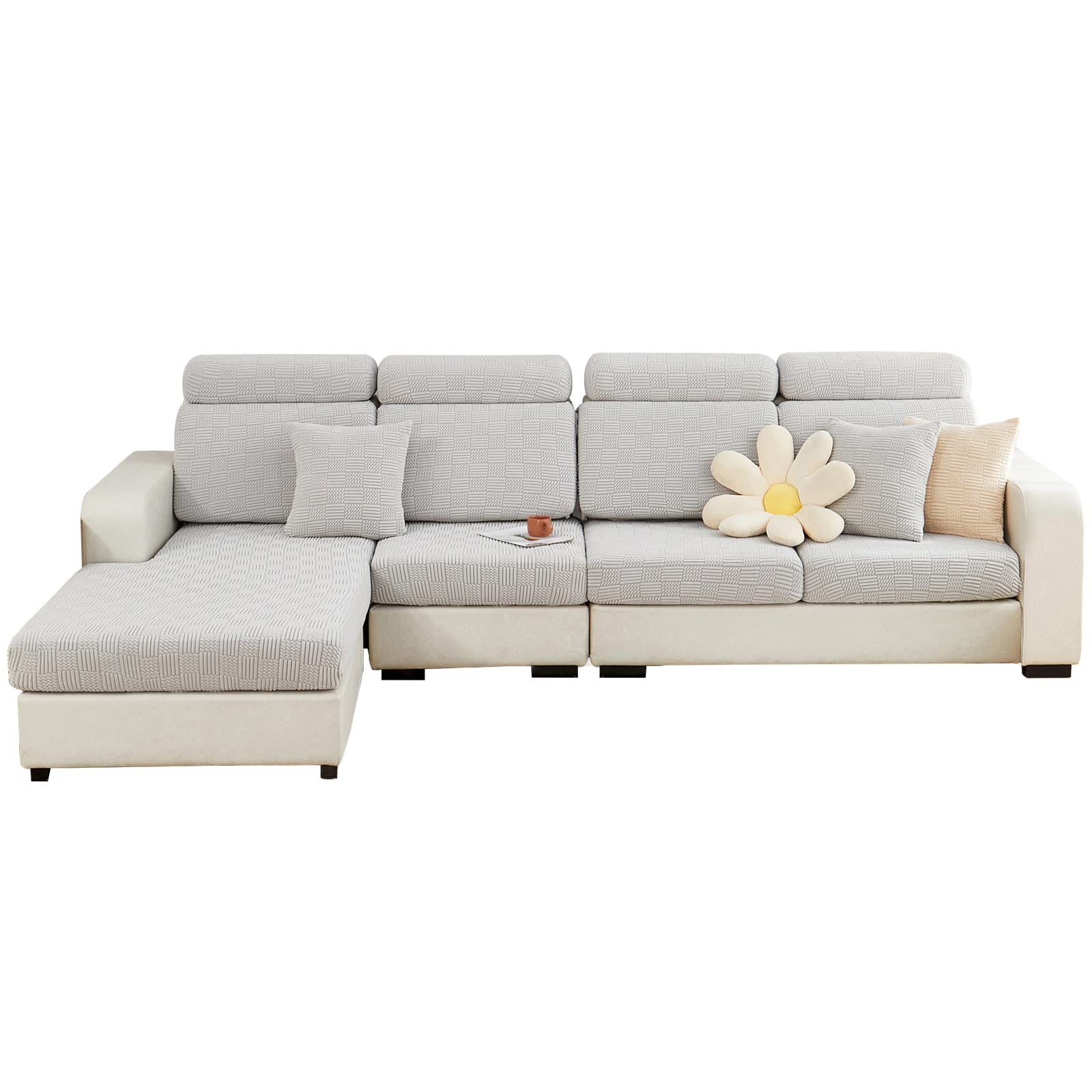 SHANNA Super Stretch Sofa Seat Cushion Cover, Universal Sofa Covers Non-Slip and Soft Sofa Slipcover, L Shape Thick Jacquard WearResistant Furniture Protector Cover (Cookie Light Grey,1 Seater)