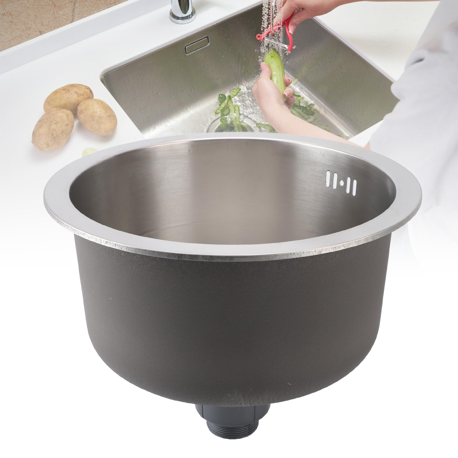 Barspüle aus Edelstahl 304, Gebürstetes Einzelbecken-Küchenspülbecken, 36 Cm Unterbau, Rostfreies Rundes Spülbecken, Anti-Überlauf, Ideal für Küche und Bar