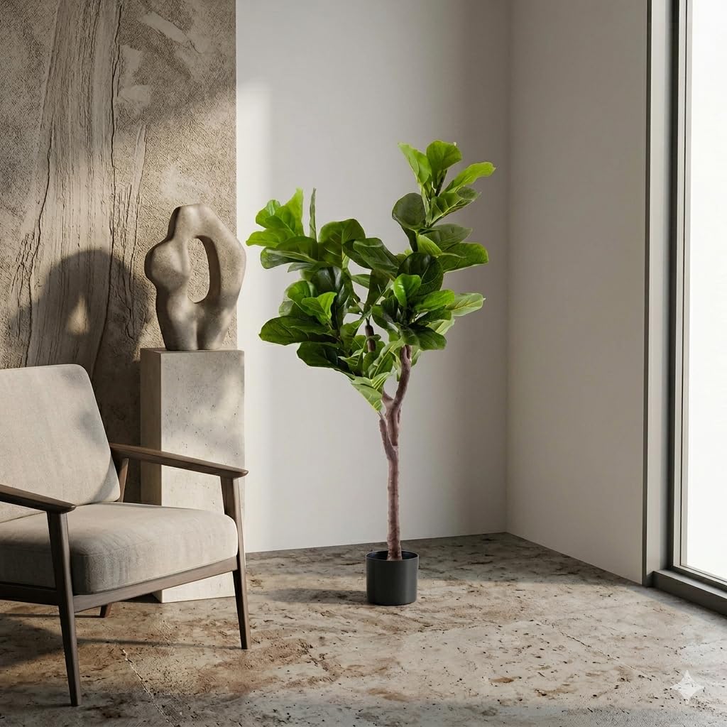 Pianta Artificiale Ficus Lyrata Alta 125 cm, Pianta Decorativa in PE Realistica per Soggiorno Ingresso Sala da Pranzo, Accessorio Verde Senza Cura