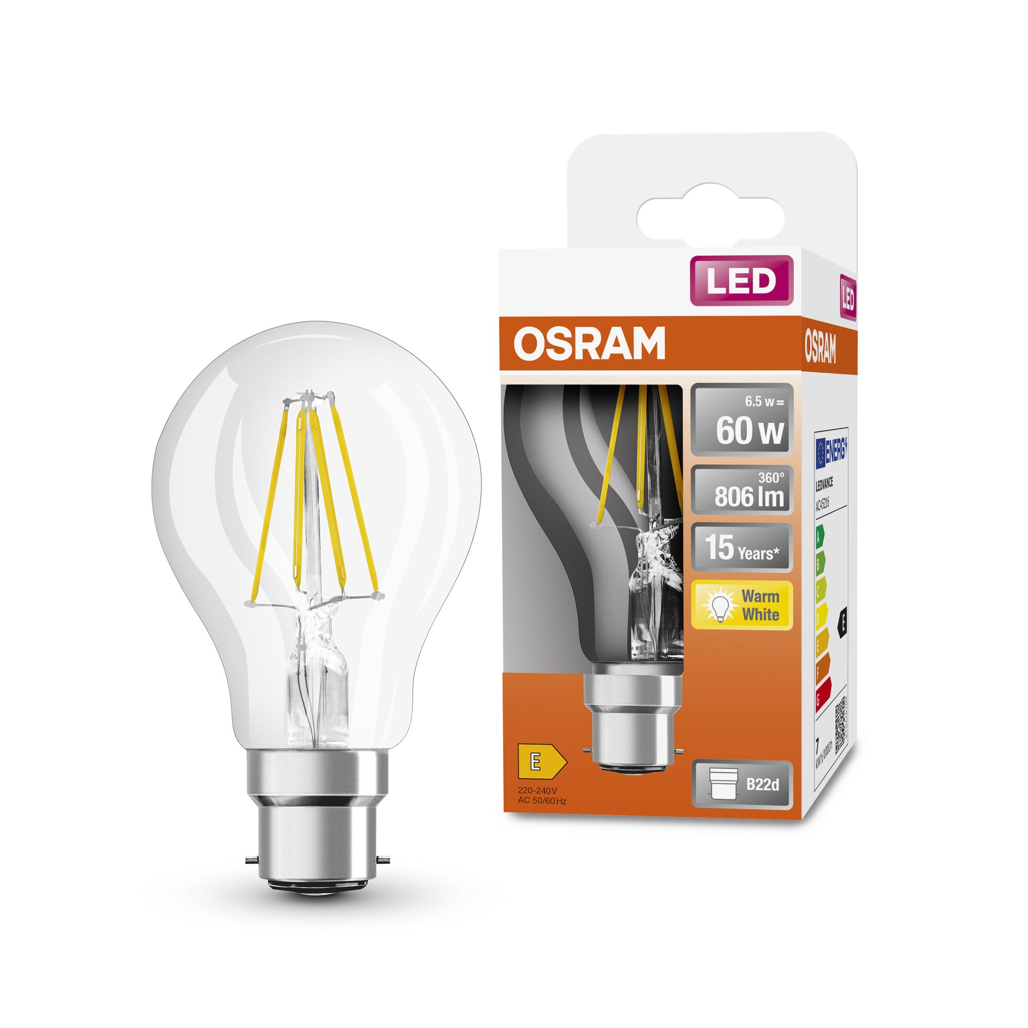 OSRAM Led Star Classic A60 Led Lamp for B22D Base, Pear Shape, Fil, 806 Lumen, Warm White (2700K), Replacement for Conventional 60W Light Bulbs, Not Dimmable, 6-Pack
