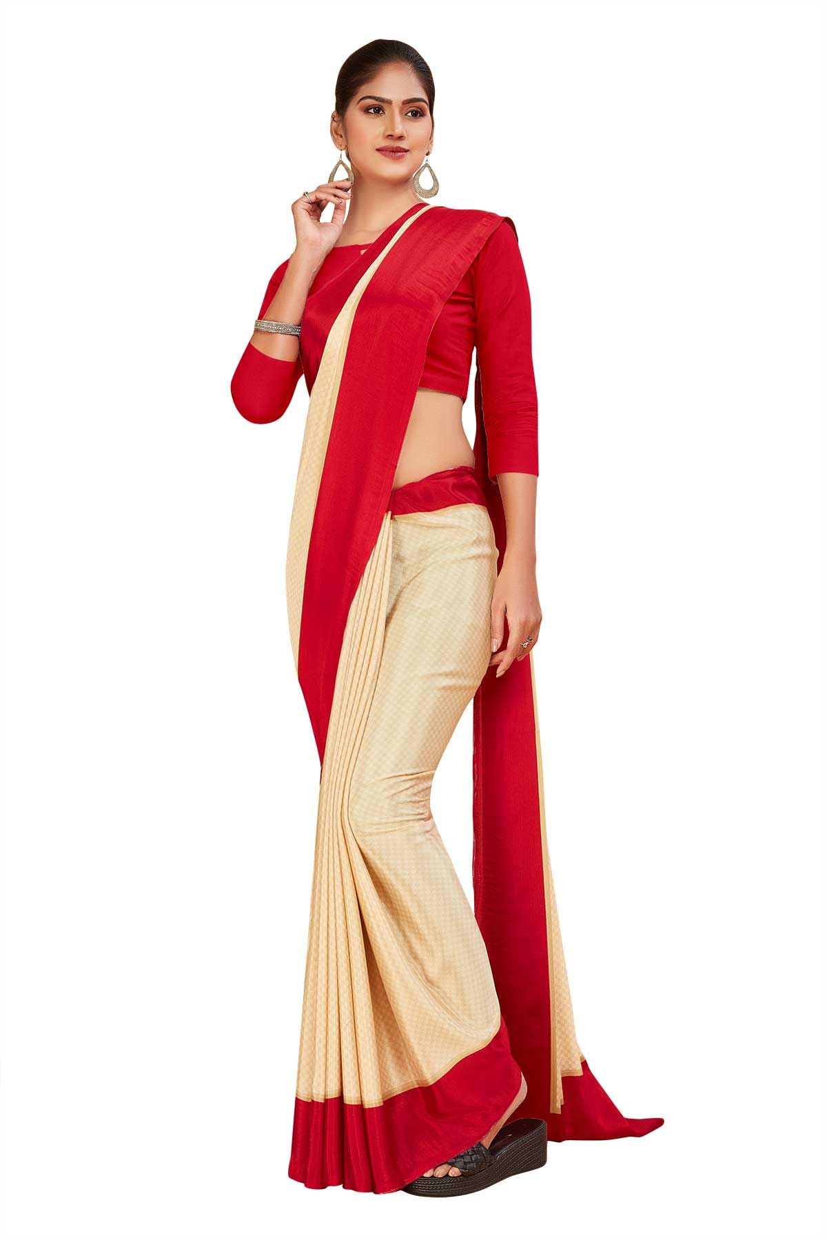 uniform sarees corp Beige and Maroon Women's Premium Silk Chiffon Plain Gaala Border Factory Uniform Sarees With Blouse Piece-picture-19