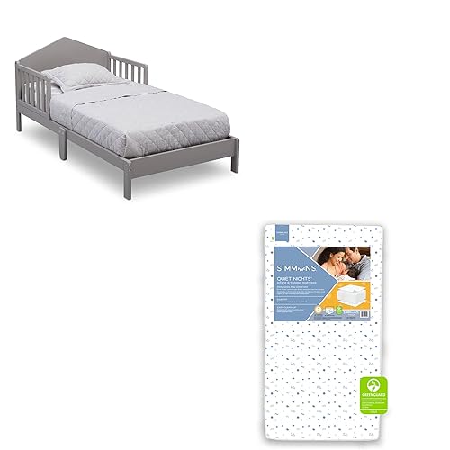 Delta Children Homestead - Cama para niños pequeños, certificado Greenguard Gold, gris + Simmons Kids Quiet Nights doble cara para cuna y colchón