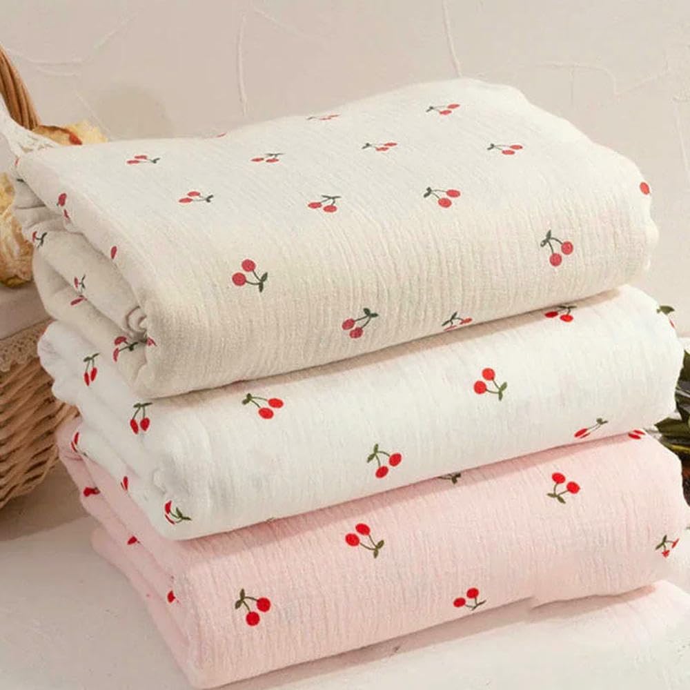Tela de Gasa crepé de algodón de Doble Capa con Estampado de Cerezas para Pijamas, Vestidos, Ropa de casa y Ropa Interior (135 x 50/500 cm).