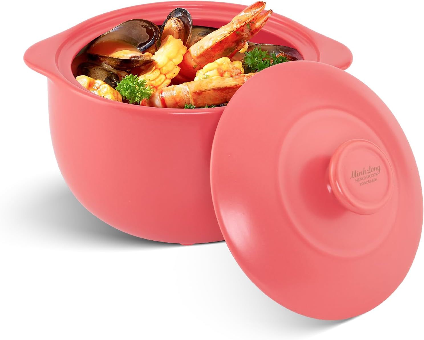 MINH LONG 2-Qt Porcelain Dutch Oven with Lid  Lead & Cadmium Free, Oven Safe to 482F, Heat Retention, Clay Pot for Cooking on Gas & Infrared Cooktop, Use to Marinate, Cook, Bake, Refrigerate & Serve