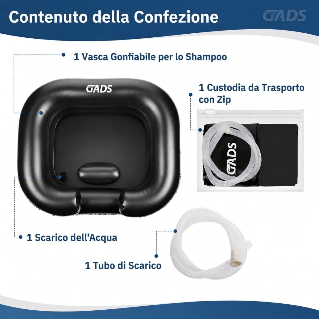 Lavatesta Gonfiabile Portatile – Per Lavaggio Capelli di Persone Allettate o Parrucchieri – Lavandino Nero