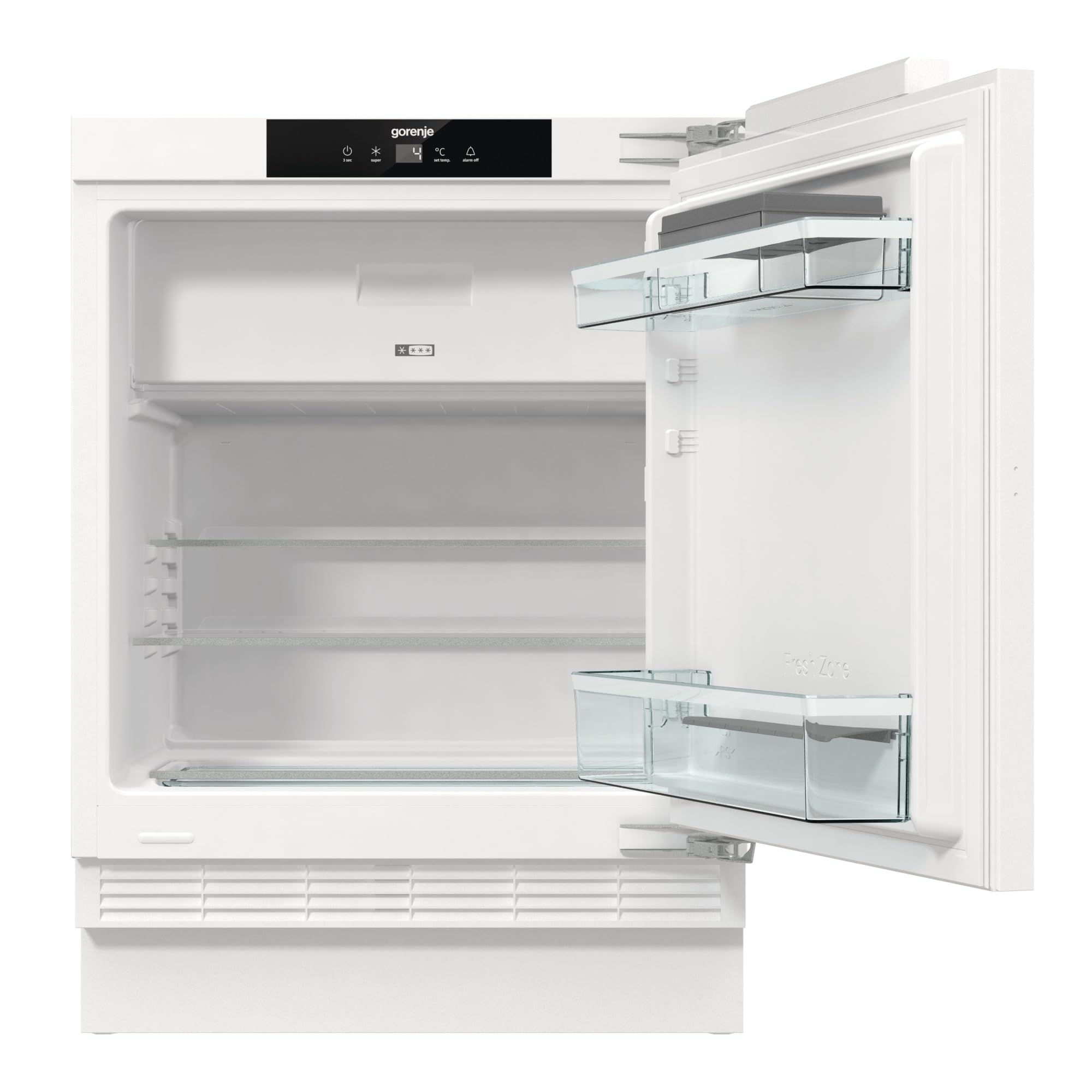 Gorenje RBIU609EA1 Unterbau-Tischkühlschrank,82cm Nische, 60cm Breite mit Gefrierfach, Festtürscharnier, 121 L(104 plus 17L), SuperCool, Digitale Display, BxHxT: 59,5×81,8×54,5 cm,Weiß