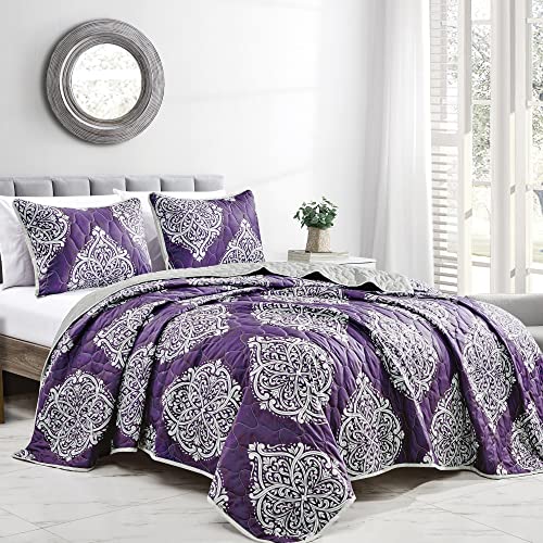 ESCA 3-Piece Lachlan Purple Bedspread Set Queen Size Reversible Grey Quilt
